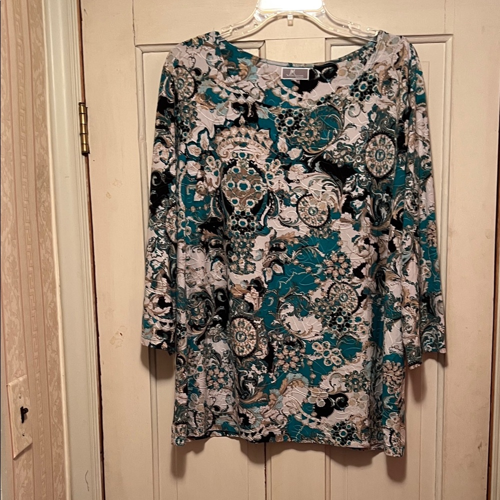 JM Collection Teal and Black Patterned Tunic 2X